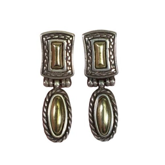 Vintage BRIGHTON Fashion Earrings 2 Tone Antique Silver & Gold Dangle Drop Post - Picture 1 of 5
